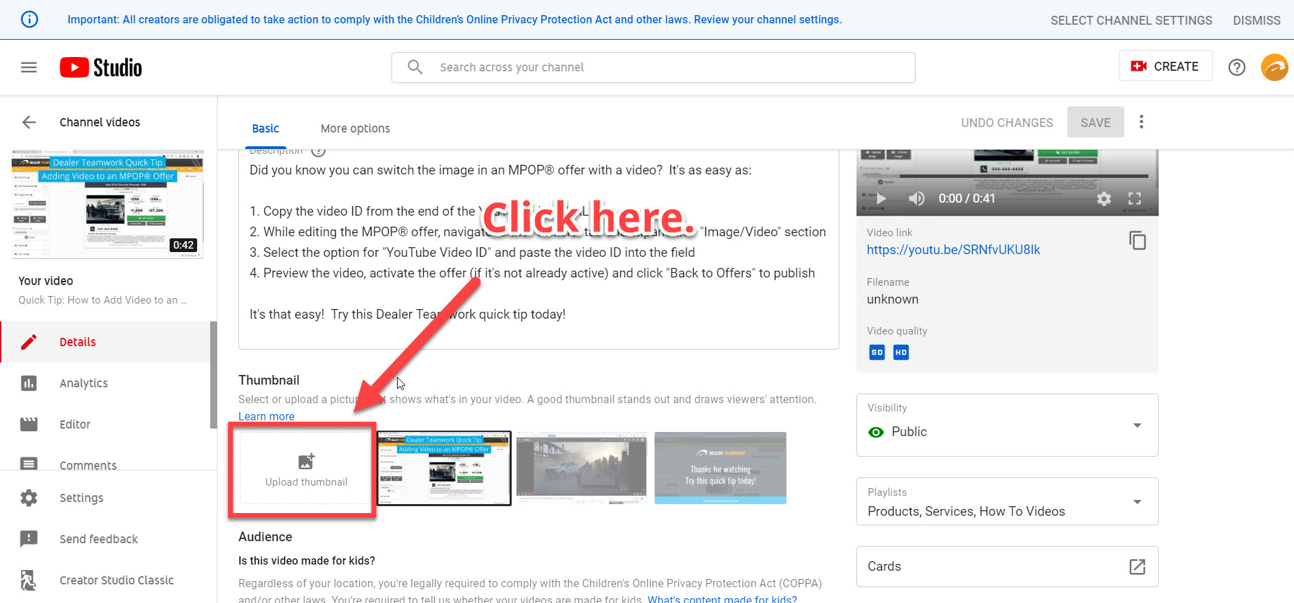 click custom thumbnail - youtube studio - Dealer Teamwork