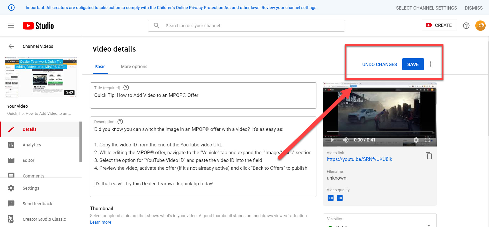 YouTube Studio - Save - Dealer Teamwork