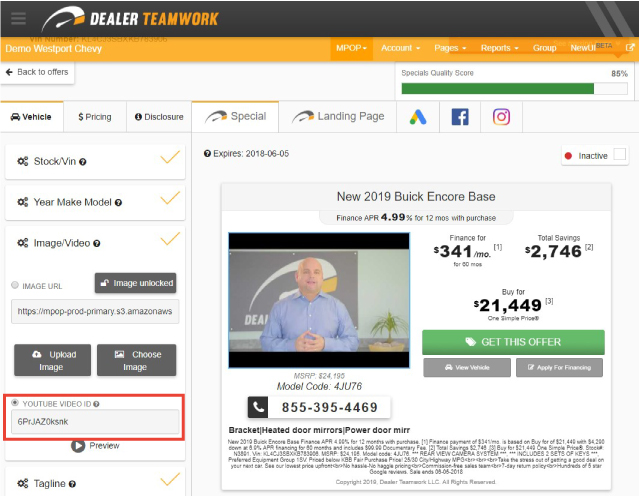 Paste YouTube ID into MPOP offer building section