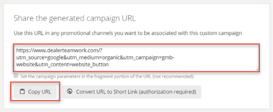 Screenshot of final generated URL using Google's Campaign Builder Tool