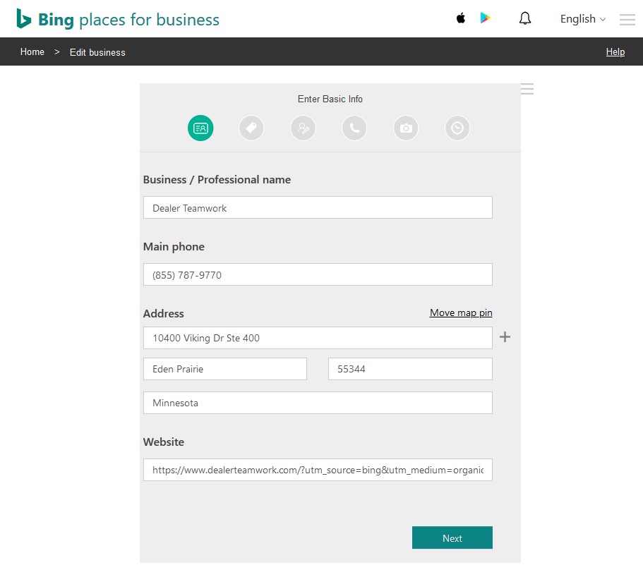 Step 1 of Bing Places listing set up - entering basic info