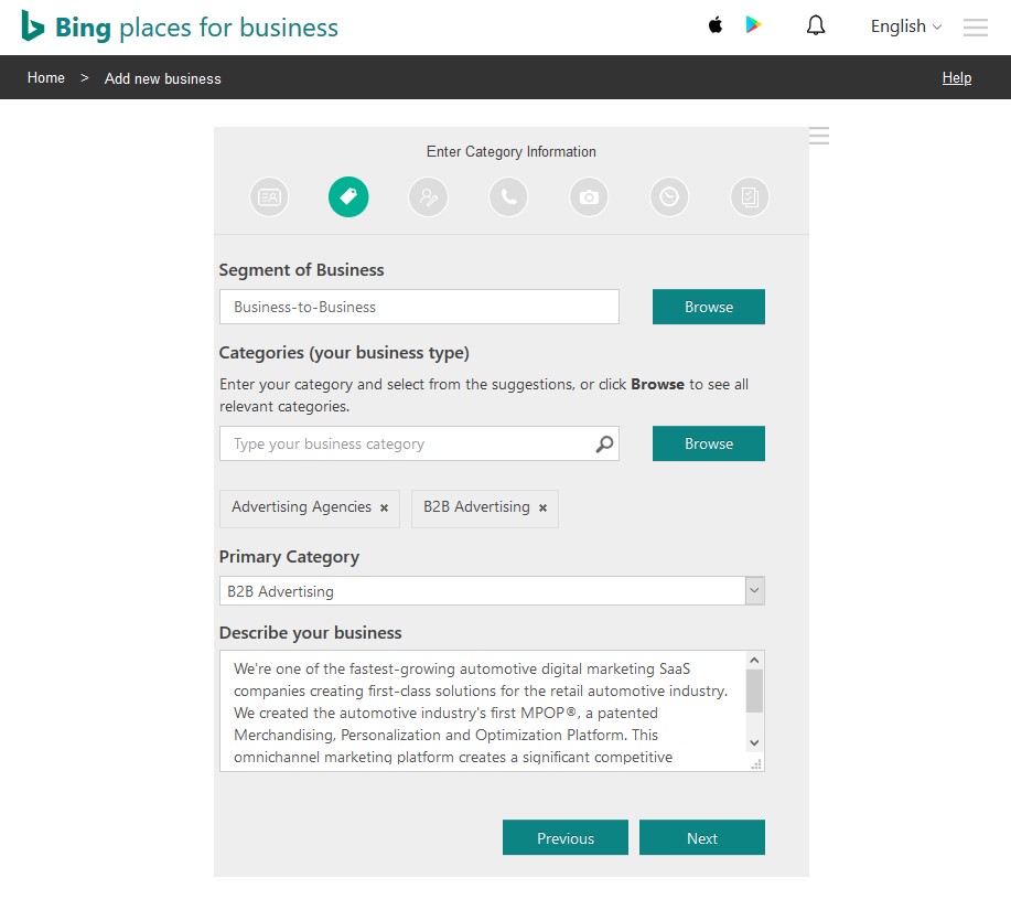 Step 2 of Bing Places listing set up - entering category information