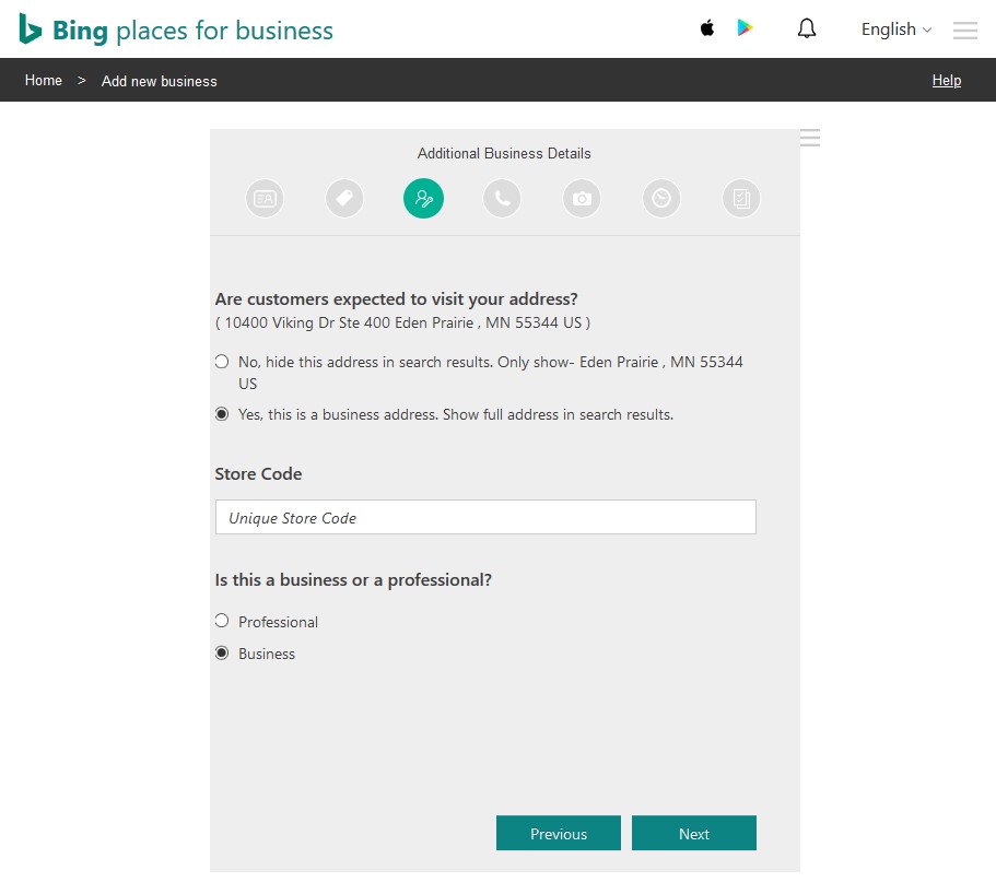 Step 3 of Bing Places listing set up - adding additional business details