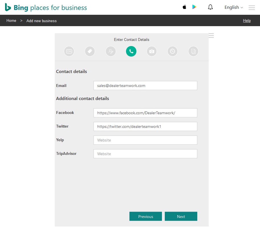 Step 4 of Bing Places listing set up - entering contact details