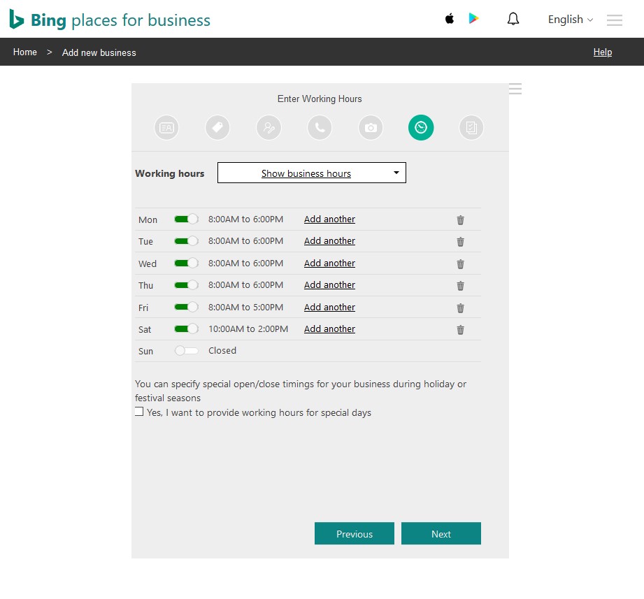 Step 6 of Bing Places listing set up - entering working hours