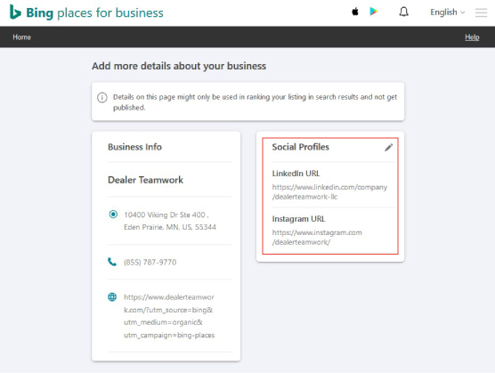 Screenshot of the advanced information section for Bing Places listings