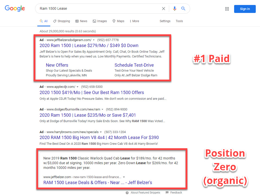 Image showing search results on the search engine results page for the search query, "Ram 1500 lease"