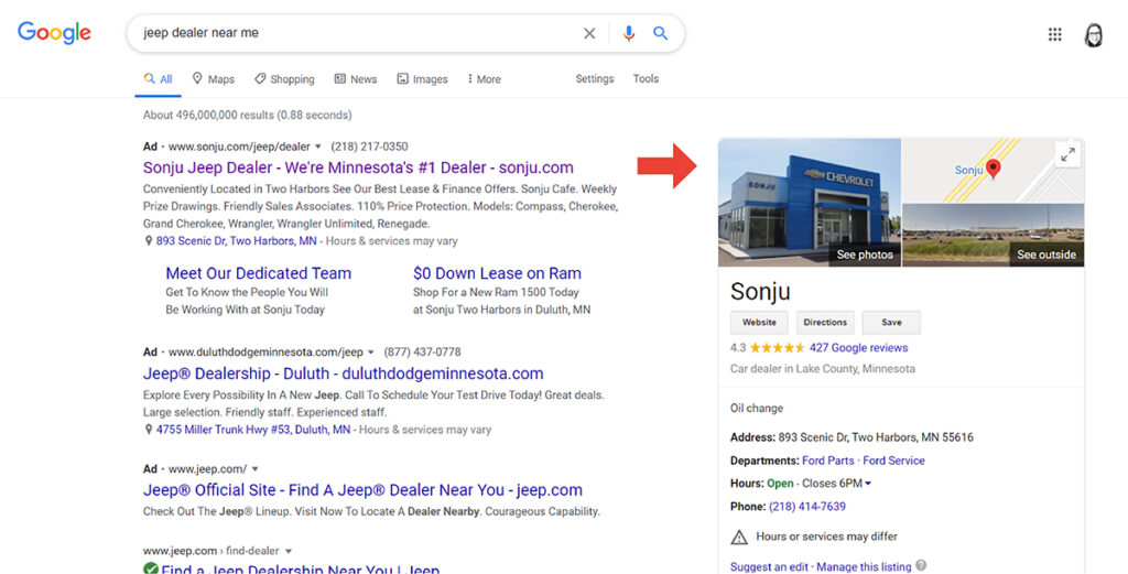 Dealership Google My Business Listing showing up for a jeep dealer near me search