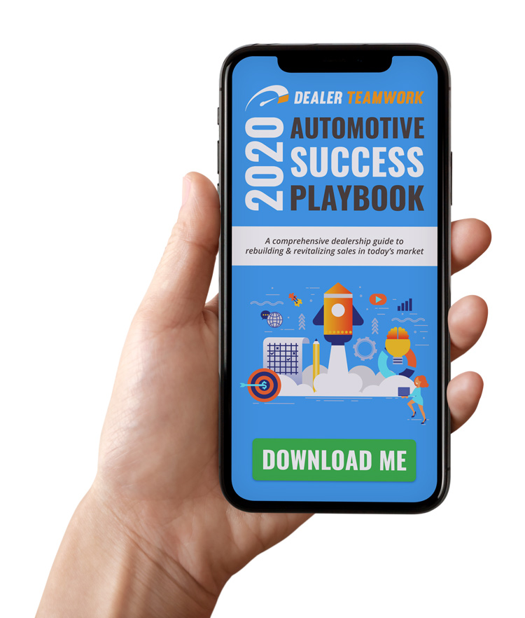 Person looking at Dealer Teamwork's 2020 Automotive Success Playbook on a phone