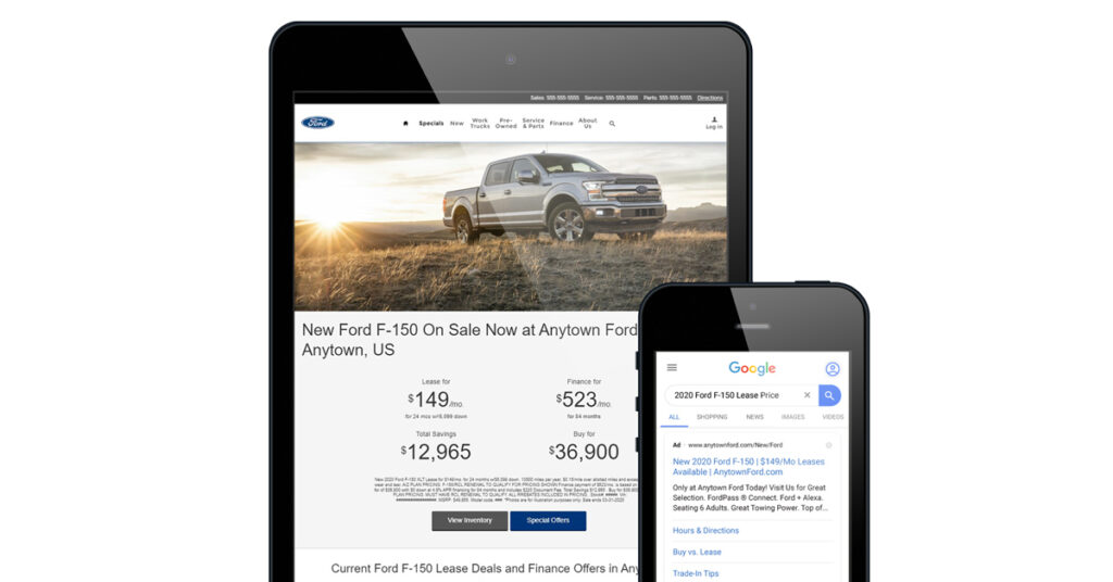 200319.1_-_Dealer_Teamwork_Ford_Tablet_Phone_ZOOMED_1200x628 Ford landing page on a tablet and google ad on a phone