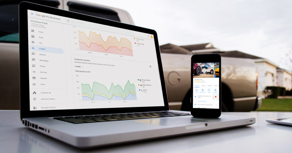 200922.1_-_Dealer_Teamwork_GMB_Local_SEO_Ford_LIFESTYLE_2_1200x680 Google My Business Insights on a laptop and listing on a phone