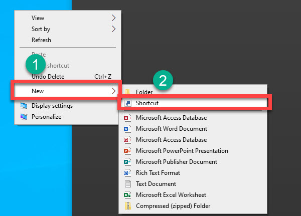 Select "New" then select Shortcut". 