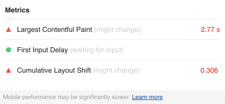 Example of Core Web Vitals metrics