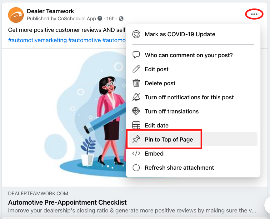 Example of a Facebook post with insturctions on how to pin to the top of your page. 