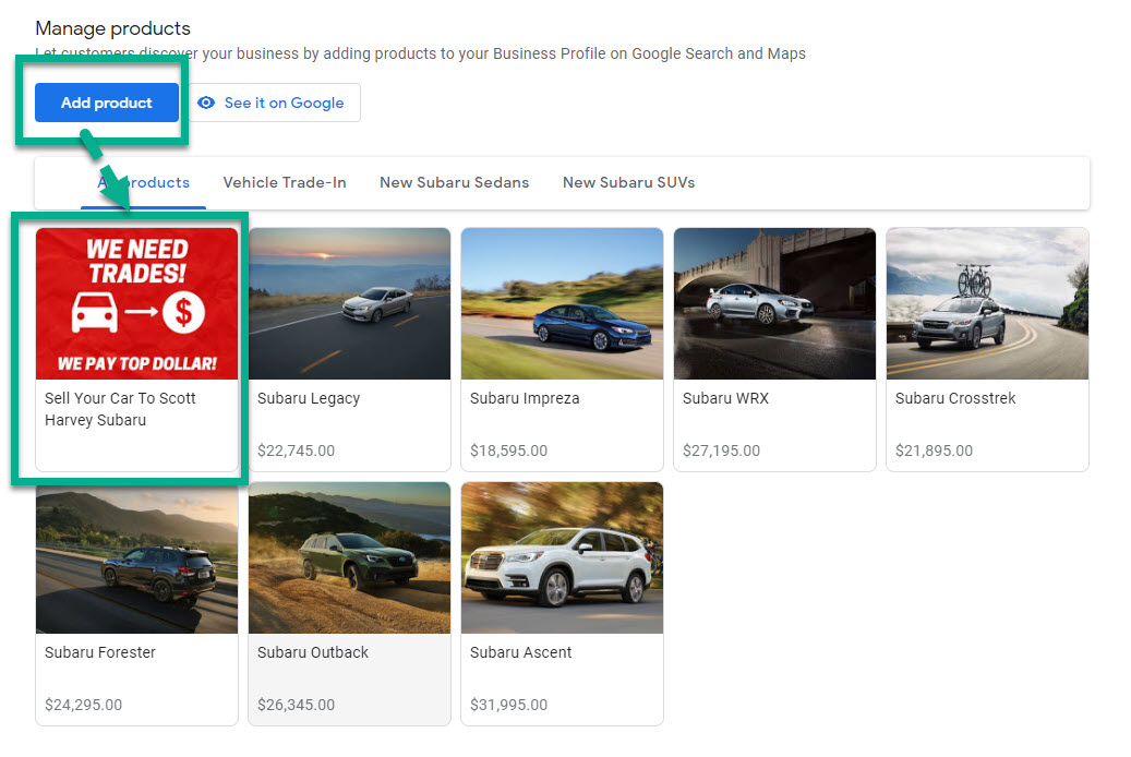 Add Buy Your Car Link as a GMB Product Example