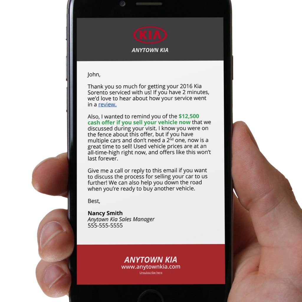 Example of including a cash offer on a vehicle in a follow-up email to a customer