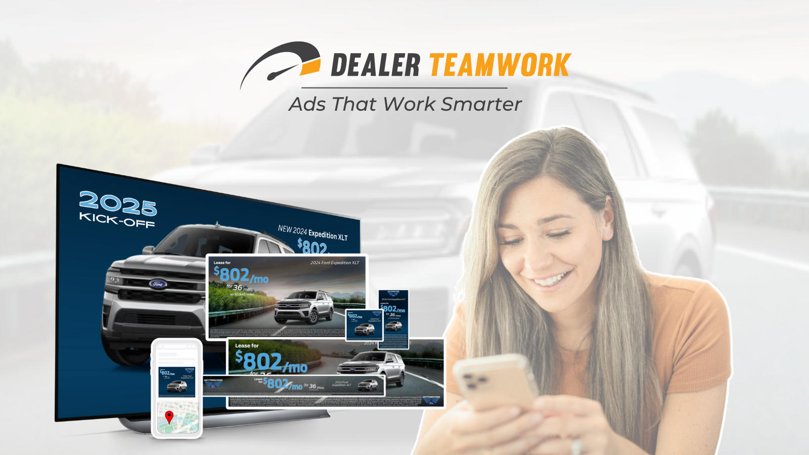 Image graphically representing news via press release: Dealer Teamwork Launches New Products and Enhancements at NADA 2025: Dynamic Creative Solutions, Premium OTT/CTV Advertising Solutions, and PMAX with Dynamic Campaigns